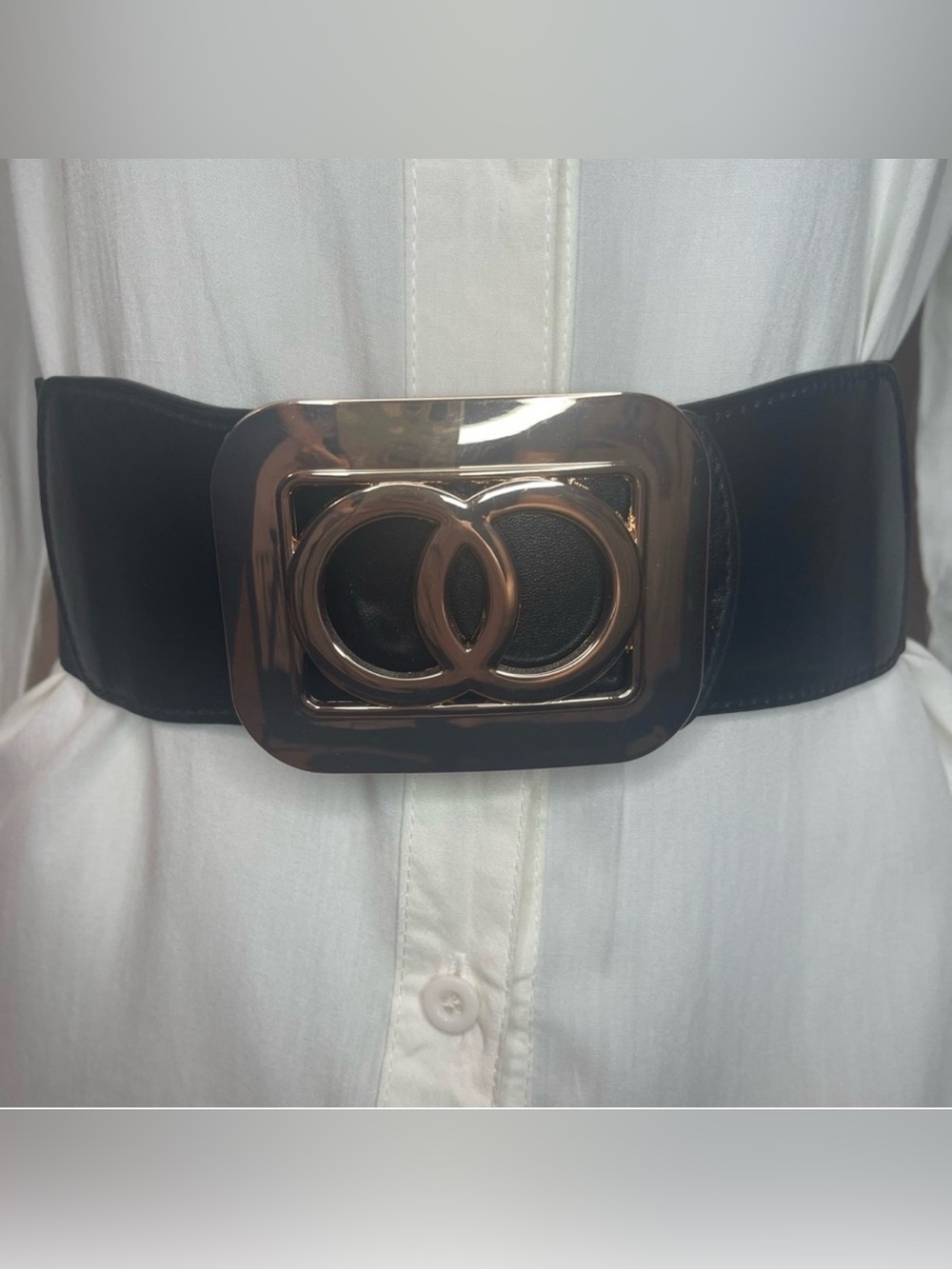 Black PU leather gold tone square buckle elastic waistband belt